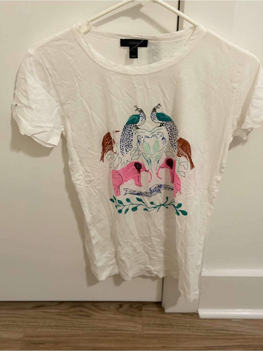 New J. Crew White Tee with Pink Flamingos and Teal Peacocks, size small.